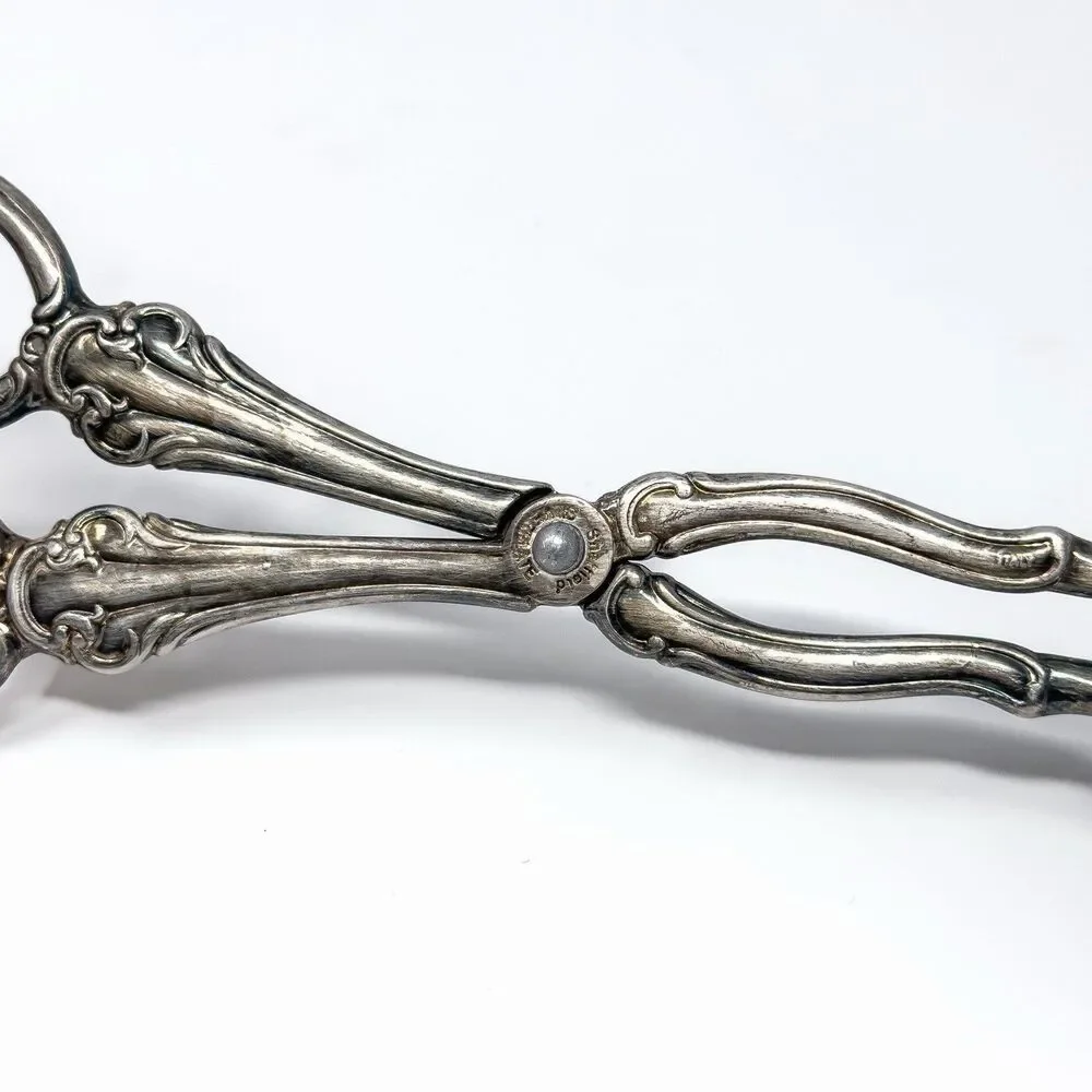 Vintage Sheffield Silver Plate Salad Tongs Italy 10” Ornate Patina